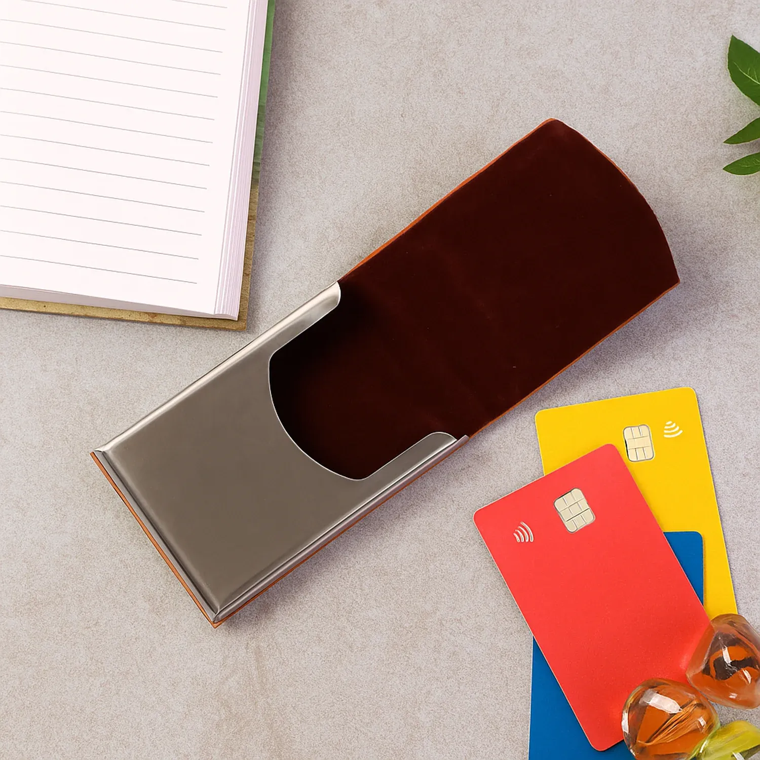 Premium Leather-Finish Business Card Holder with Stainless Steel Case - Detailed Feature View 6
