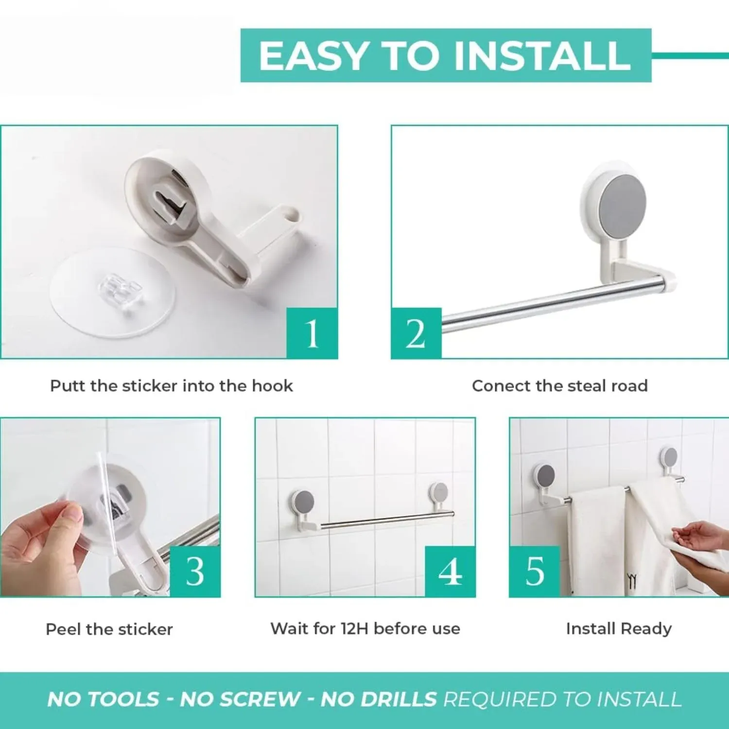 Self-Adhesive Rust-Resistant Towel Rod - Punch-Free Mount - Detailed Feature View 3