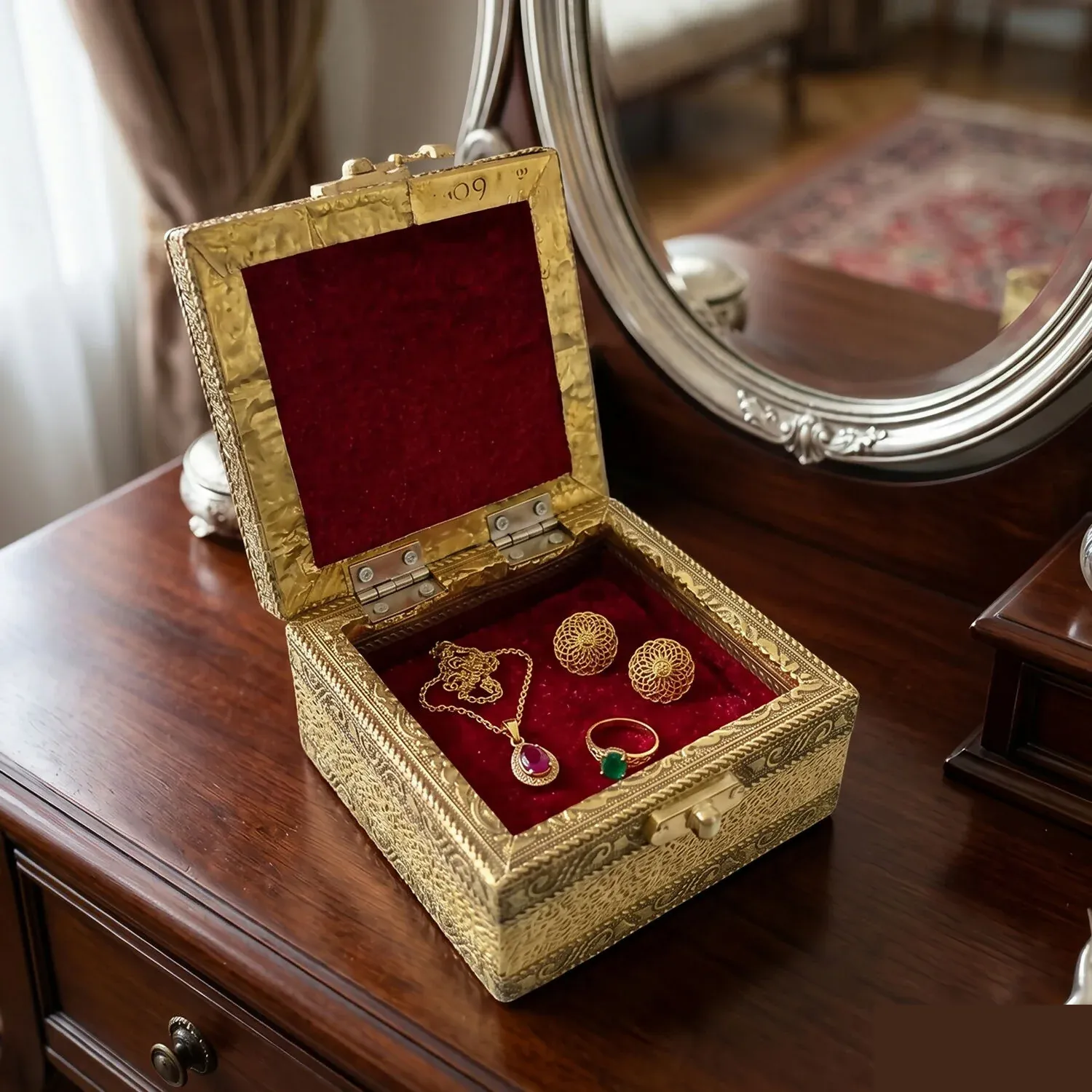 Handicraft Rexine Oxidised Golden Storage Box with Decorative Lock Design - Detailed Feature View 1