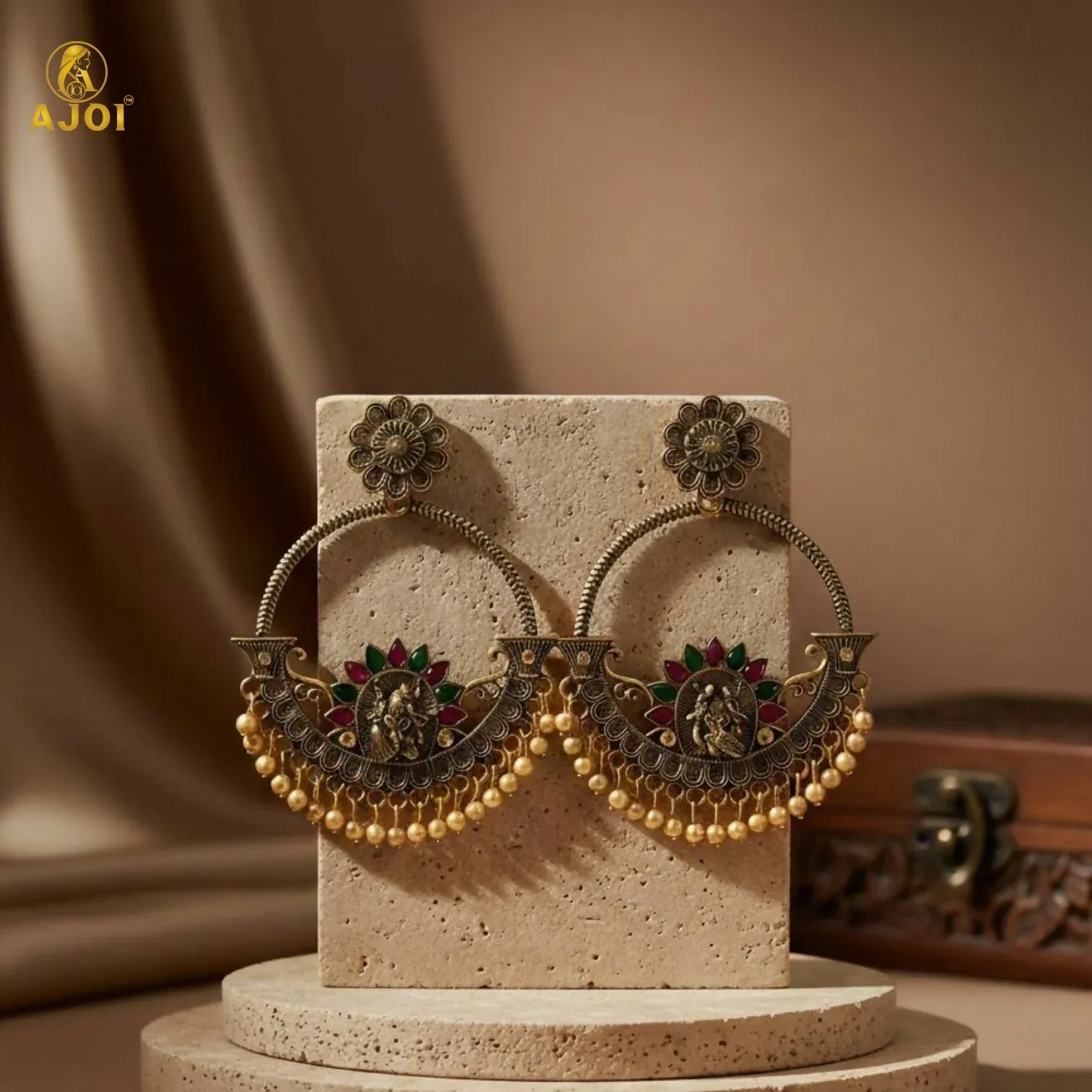 Radha Krishna Central Goddess Chandbali Earrings - Detailed Feature View 3