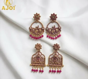 Antique Gold Radha Krishna Earrings with Pink Beads – 2 Pair