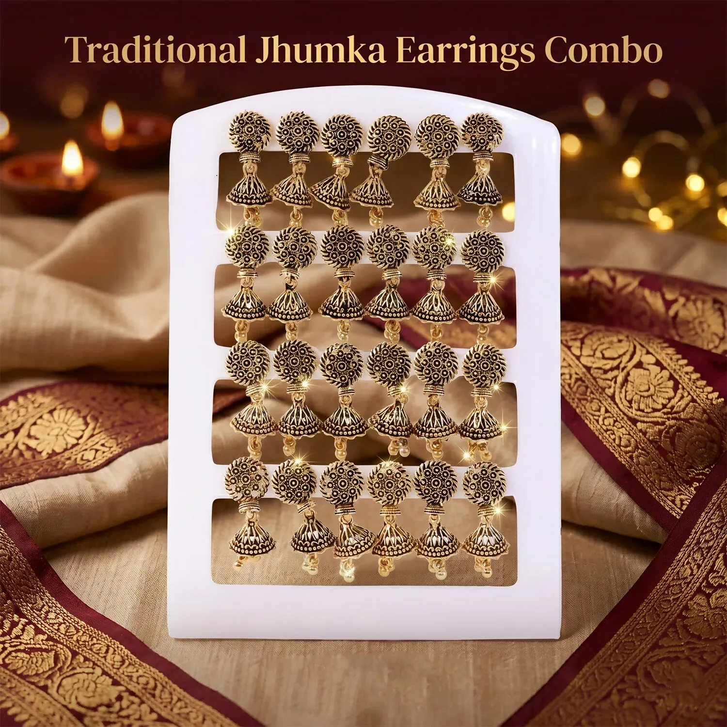 12 Pair Oxidised Square Jhumka Earrings Set - Traditional Jewellery - Detailed Feature View 2