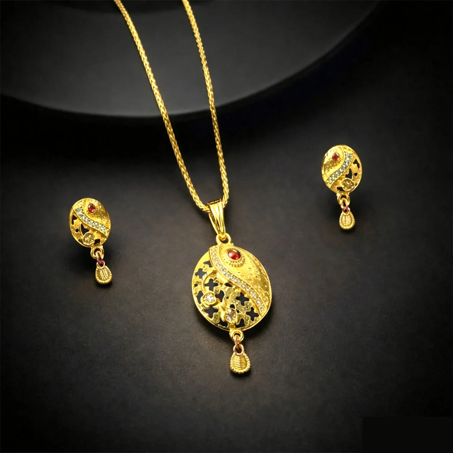 Premium Oval Motif Gold Pendant & Earring Set – Elegant Traditional Jewelry for Women - Buy Online at Alikart