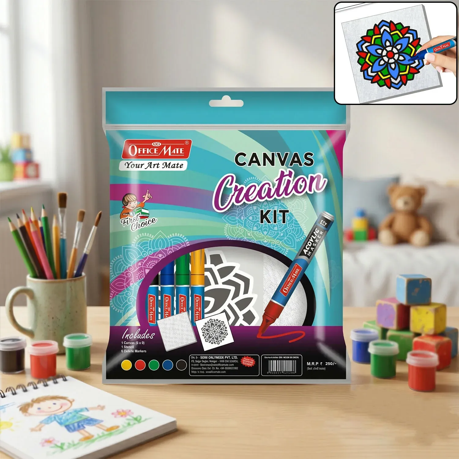 Premium Officemate DIY Canvas Creation Kit with Stencil Art Board & Acrylic Markers for Kids - Buy Online at Alikart