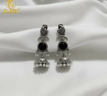 Oxidized Silver Peacock Jhumka Earrings with Black Stone & Pearls
