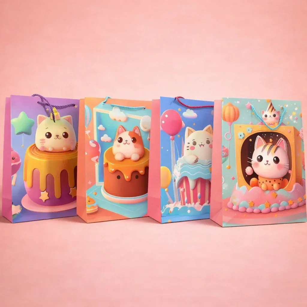 Cute Cartoon Cat Design Gift Paper Bag with Handle 1 Piece - Detailed Feature View 2