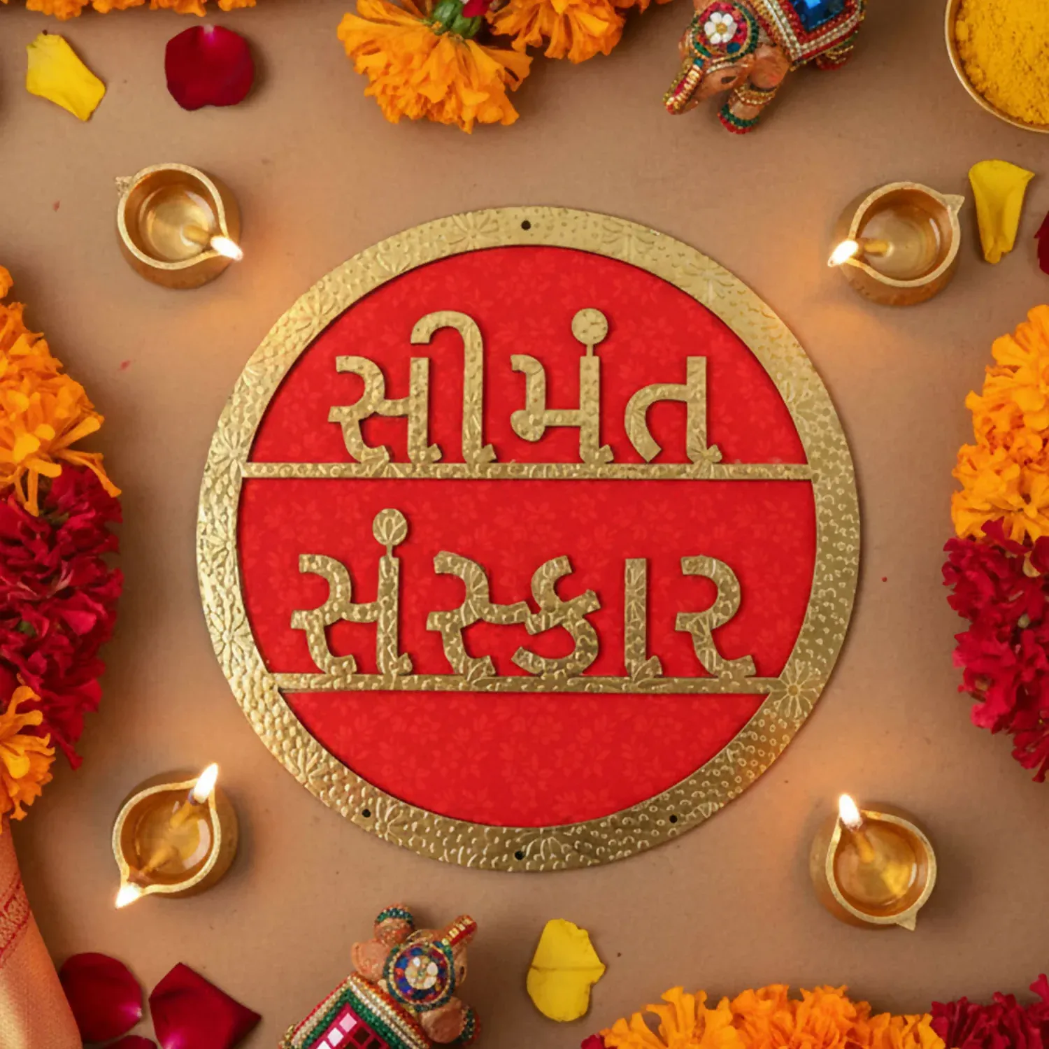 Simant Sanskar Wall Hanging | Red & Gold Gujarati Baby Shower Decor - Detailed Feature View 2