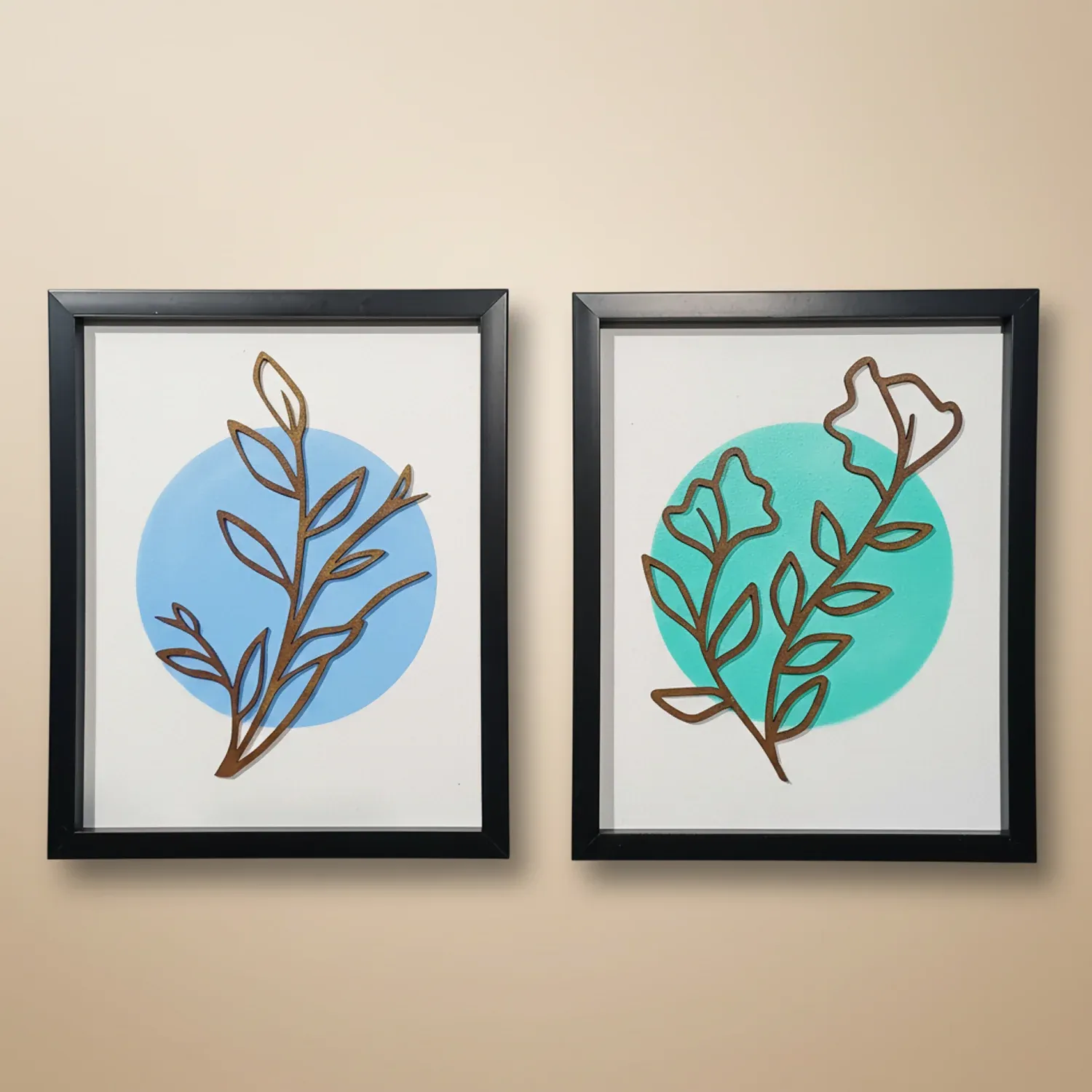 Minimalist Botanical Line Art Wall Frames | Modern Leaf Outline Wall Decor Set of 2 - Detailed Feature View 1