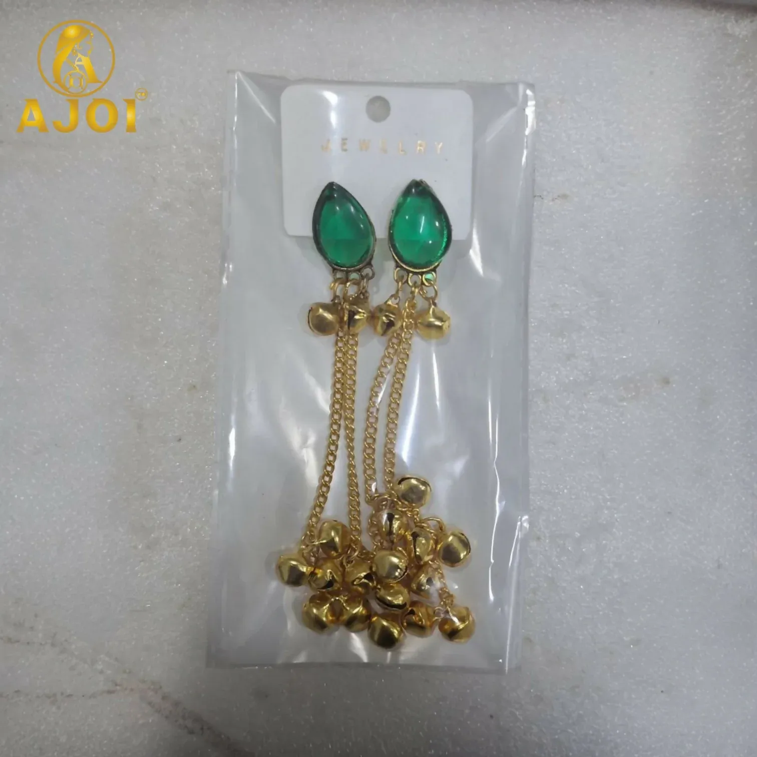 Elegant Green Stone Gold Plated Chain Drop Earrings with Ghungroo Bells - Detailed Feature View 4