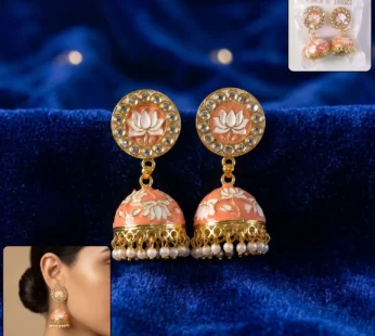 Peach Lotus Design Gold Tone Jhumka Earrings with Pearl Beads