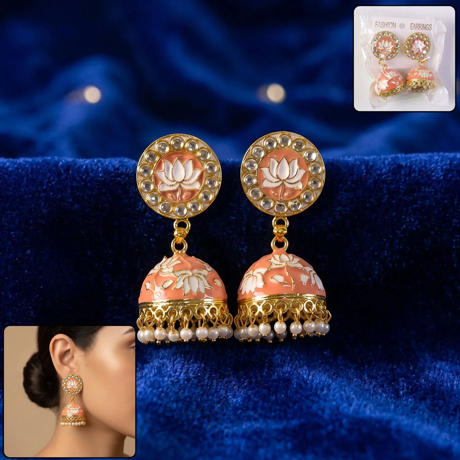 Premium Peach Lotus Design Gold Tone Jhumka Earrings with Pearl Beads - Buy Online at Alikart