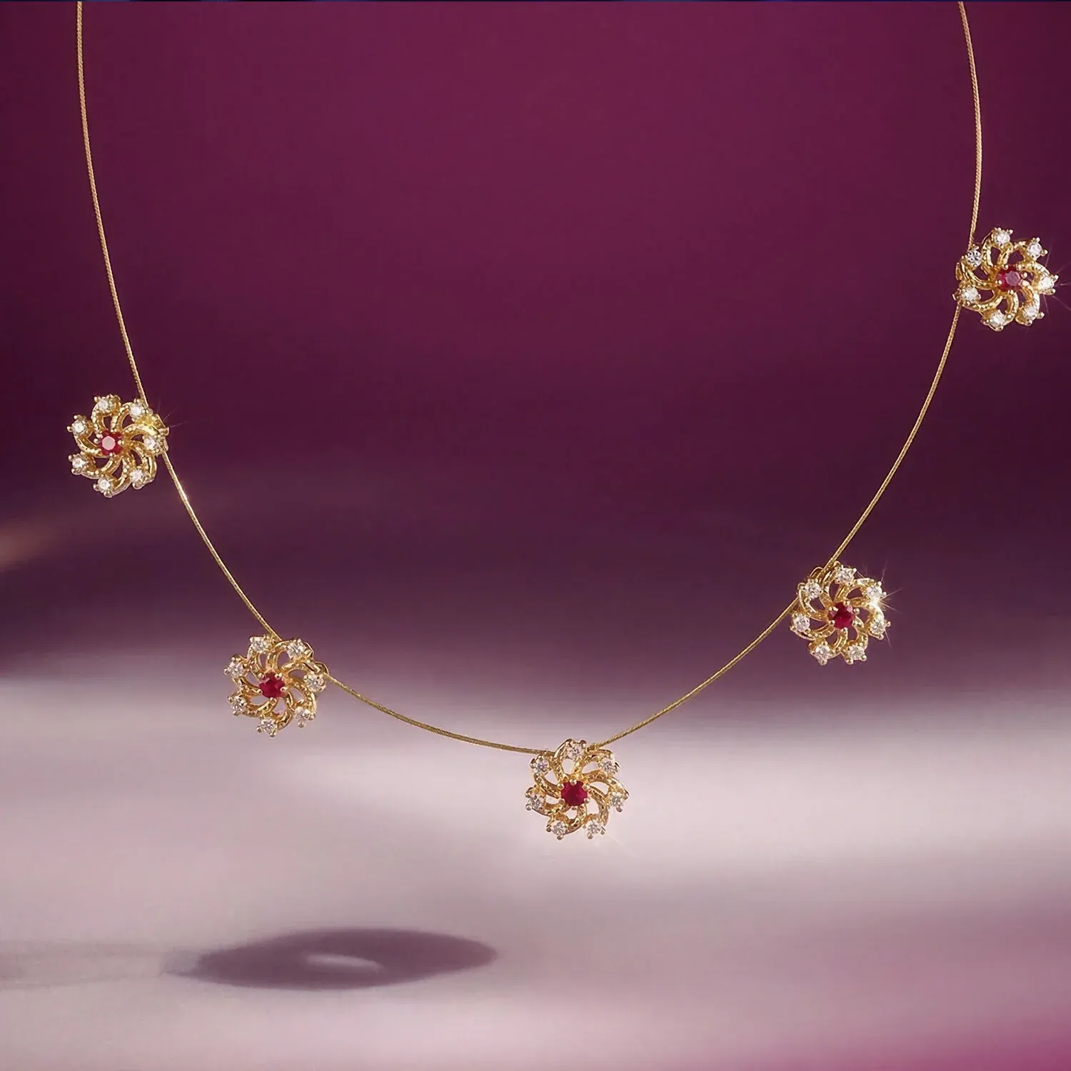 Ruby Floral Station Necklace with Diamond Detailing and Elegant Gold Chain Design - Detailed Feature View 1