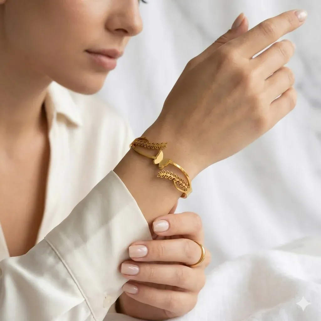 Eternal Bloom Gold-Tone Botanical Kada Bracelet for Women & Girls - Detailed Feature View 3