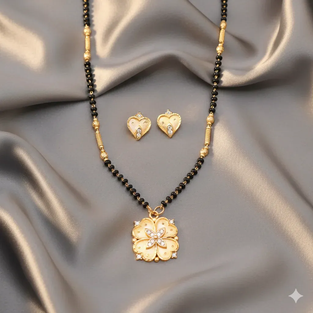 Premium Gold Plated AD Heart Stud Earrings & Floral Mangalsutra Set for women - Buy Online at Alikart