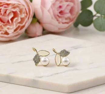 Luxury Korean Pearl Leaf Stud Earrings for Women & Girls – Premium Gold Plated Designer Jewellery
