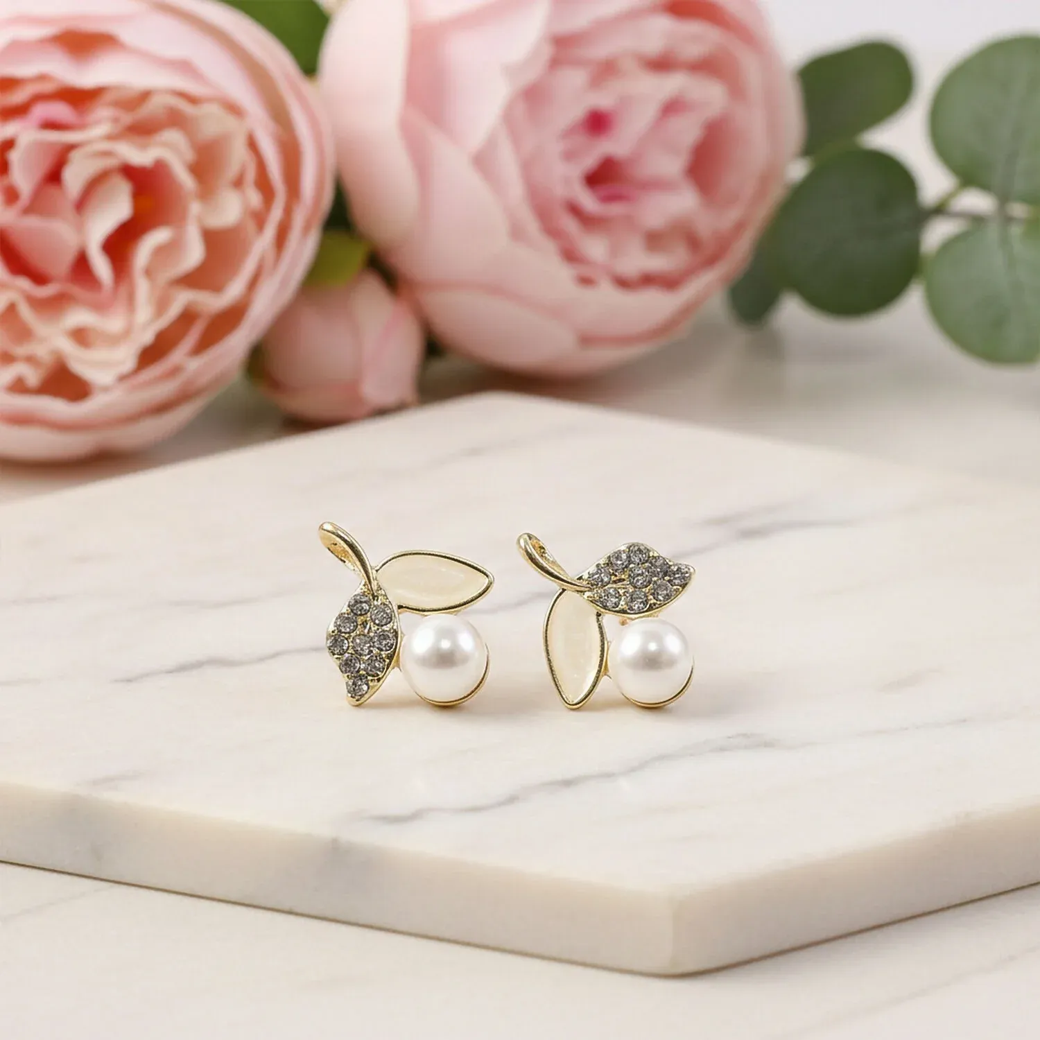 Premium Luxury Korean Pearl Leaf Stud Earrings for Women & Girls – Premium Gold Plated Designer Jewellery - Buy Online at Alikart