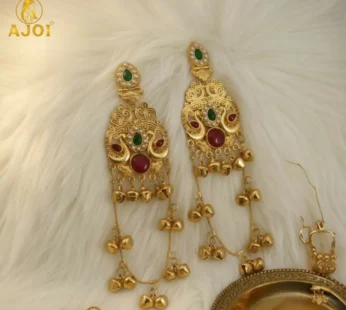 Green & Ruby Stone Kashmiri Traditional Gold-Plated Ghungroo Earrings For Women And Girls.