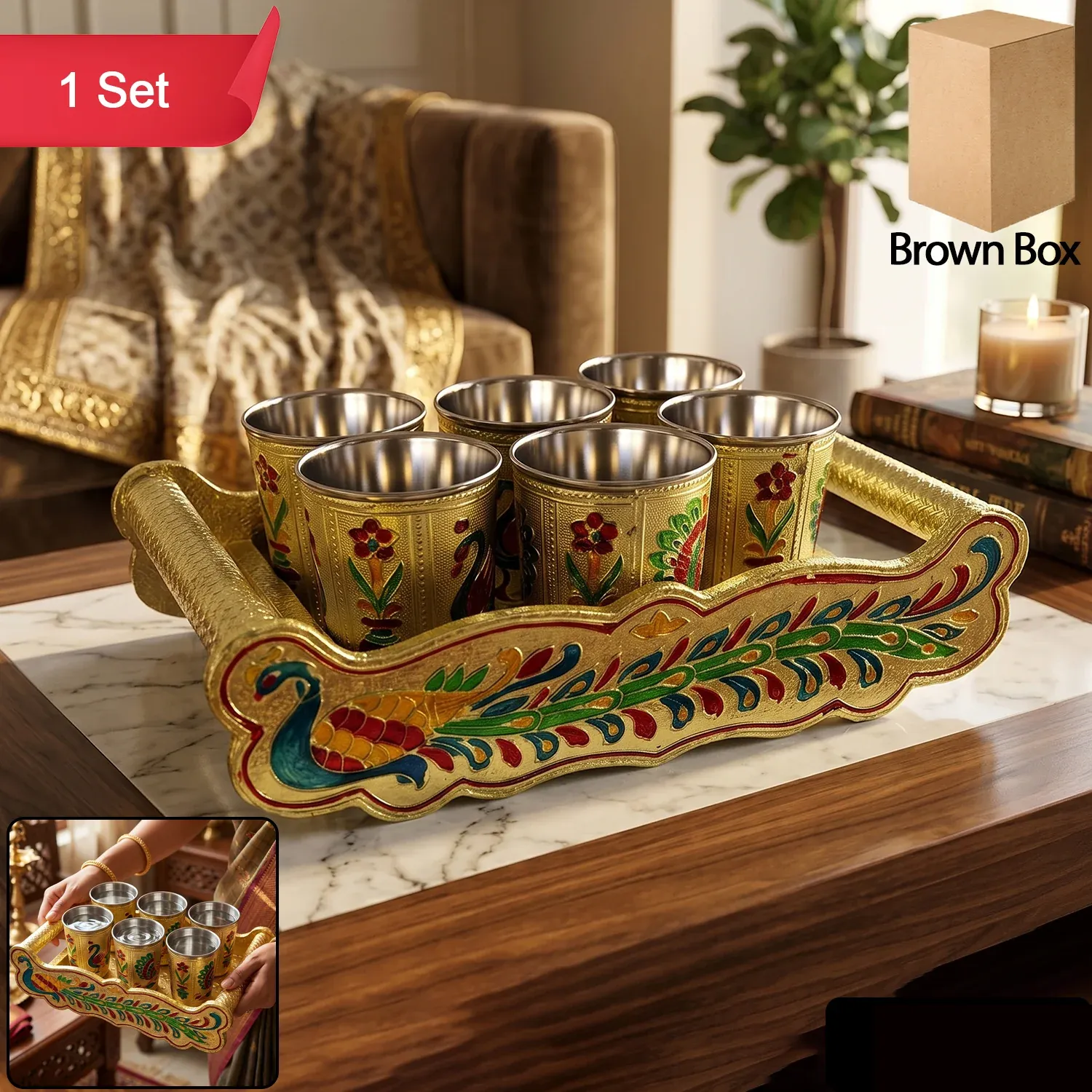 Peacock Minakari Glass & Handicraft Serving Tray Set - 6pcs - Detailed Feature View 1