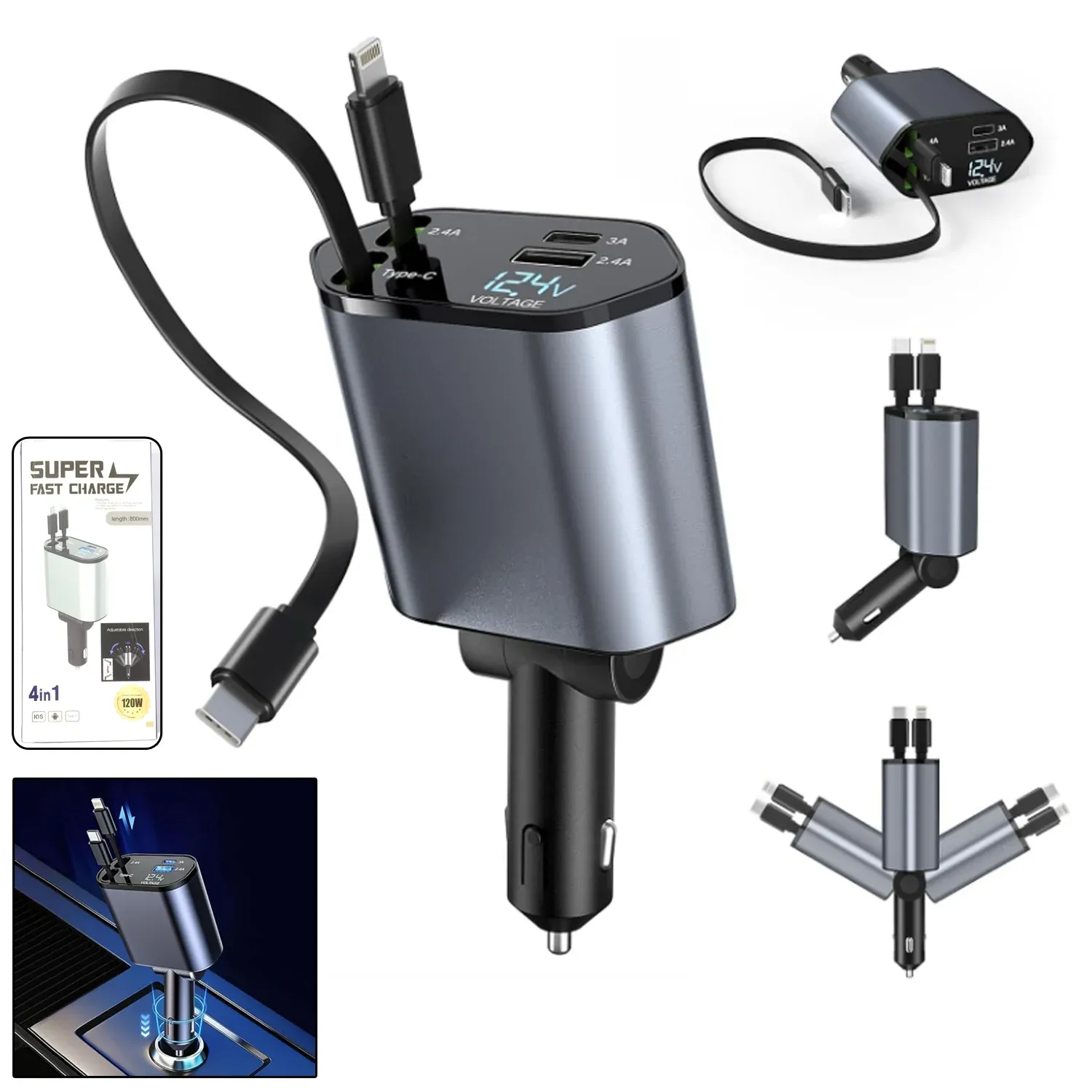Premium 4-in-1 Car Charger – Dual Cables & 120W Super Fast Power - Buy Online at Alikart