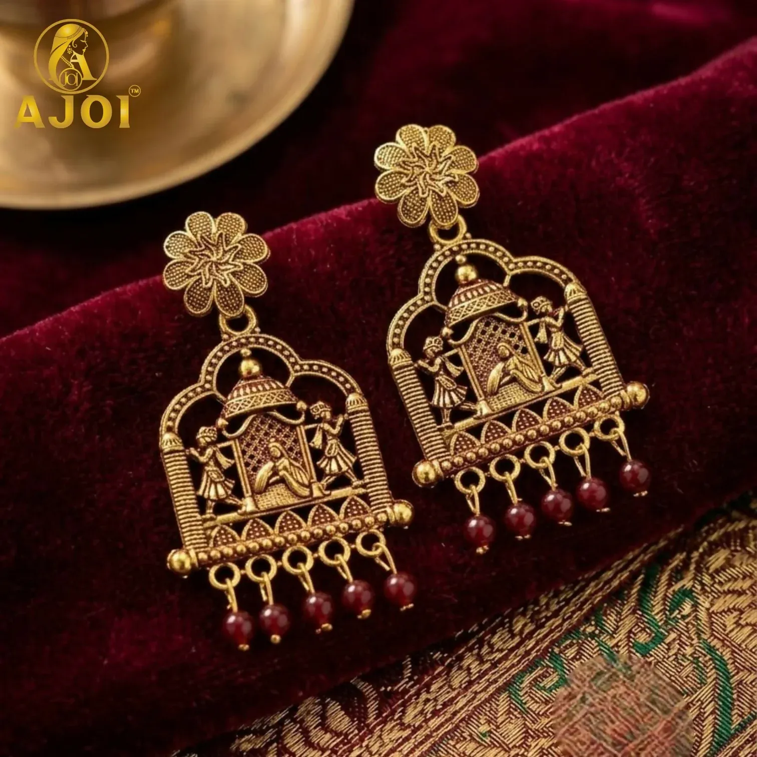 Antique Temple Doli Earrings with Maroon Pearl Drops - Detailed Feature View 2