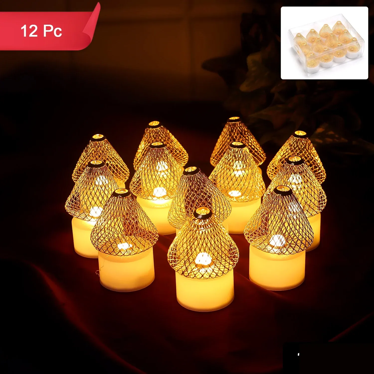 LED Flameless Candle Lights – Set of 12 with Golden Net Cover - Detailed Feature View 1