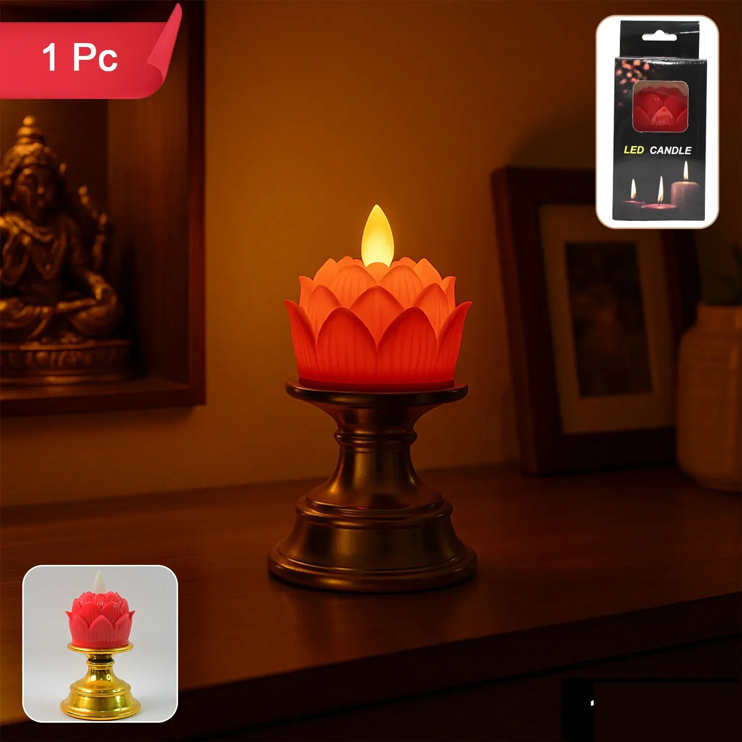 Premium Lotus Shaped LED Flameless Candle with Decorative Holder (1 Pc) - Detailed Feature View 1