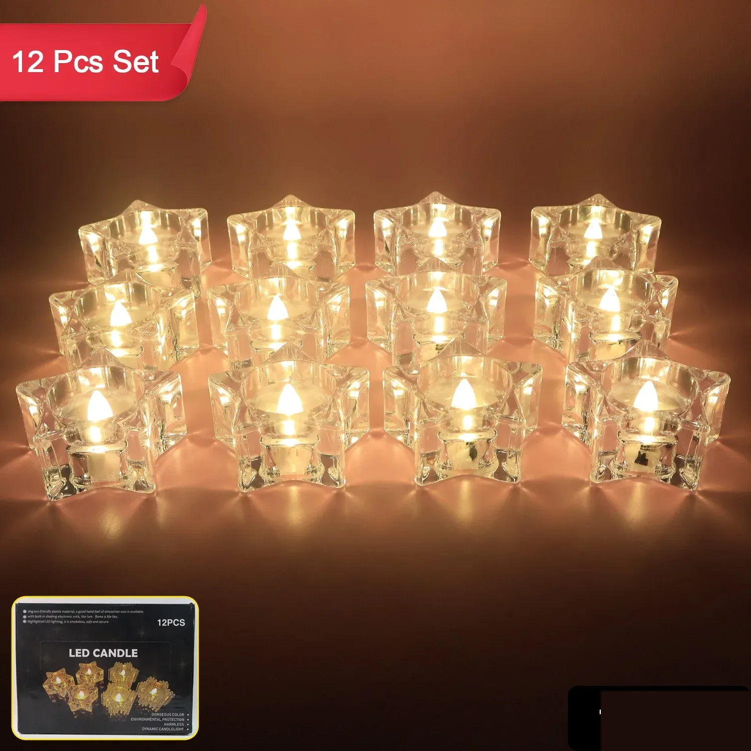 LED Crystal Effect Flameless Candles – Set of 12 Decorative Tealights - Detailed Feature View 1