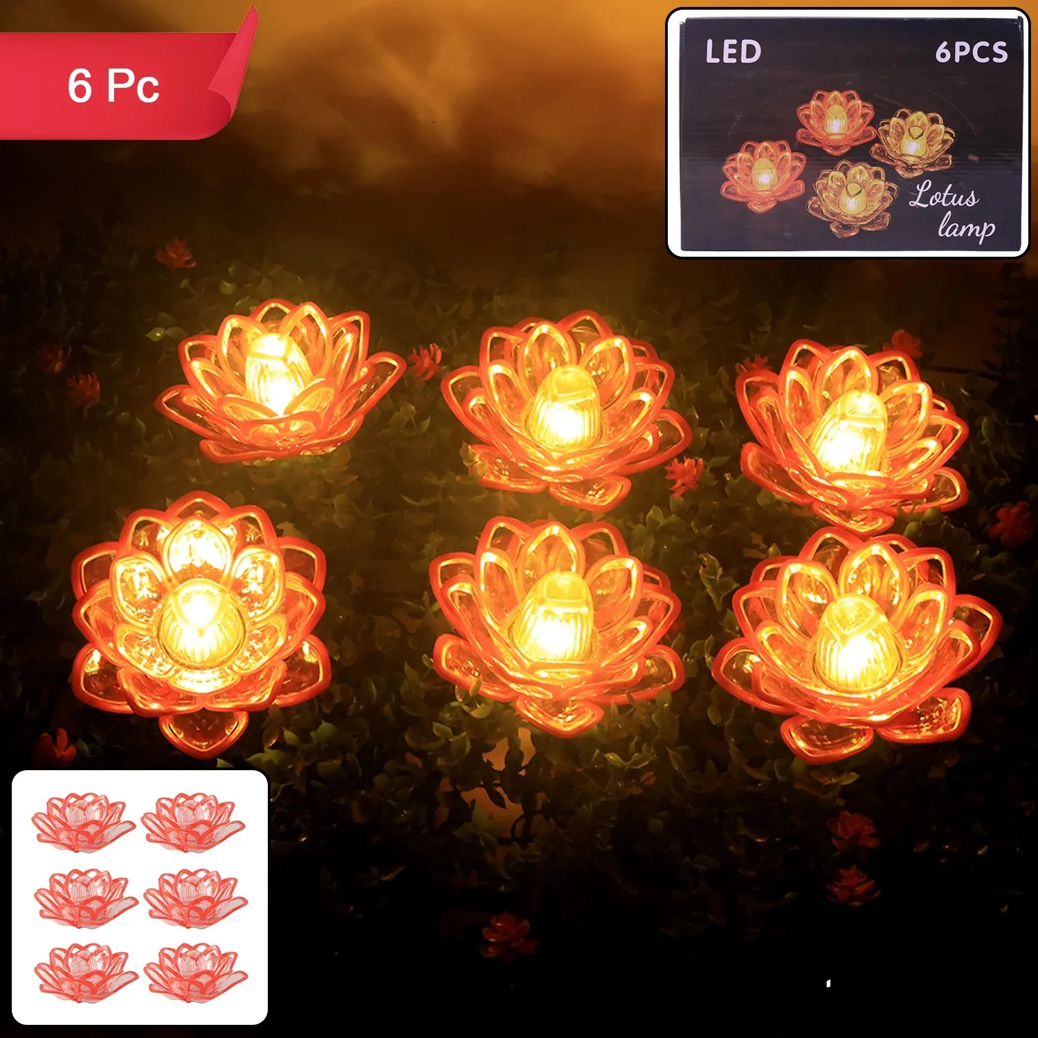 Lotus Shaped LED Flameless Candles – Set of 6 Decorative Lights - Detailed Feature View 1