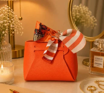 Stylish Orange Mini Handbag with Printed Ribbon Bow