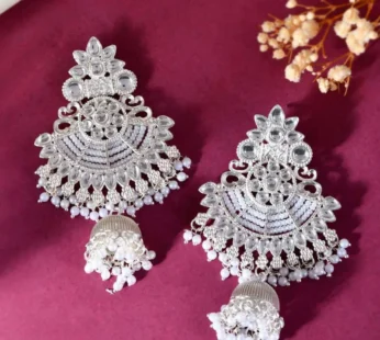 Silver-Toned Kundan & Pearl Traditional Chandbali Jhumka Earrings