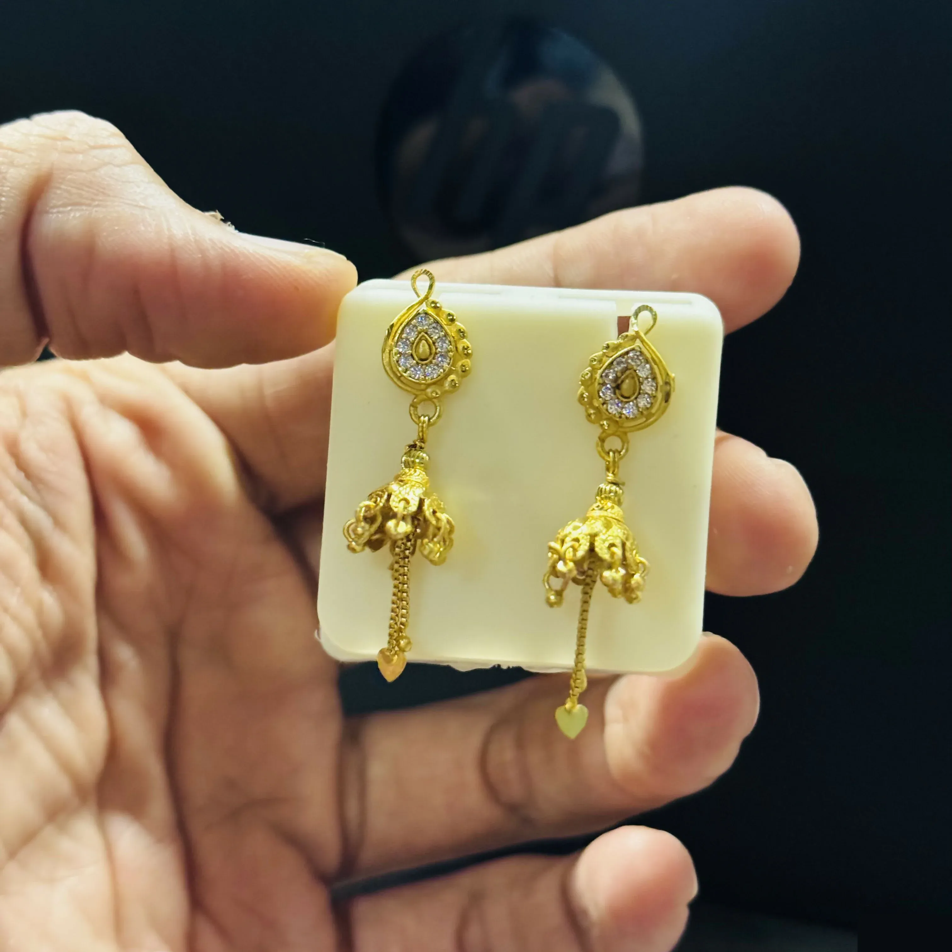 Elegant Paisley Stud Jhumka Earrings with Chain Drops - Detailed Feature View 4