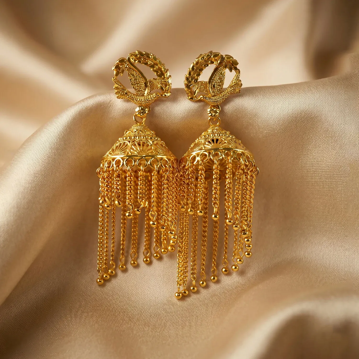 Golden Leaf Design Long Chain Tassel Jhumka Earrings for Women - Detailed Feature View 5