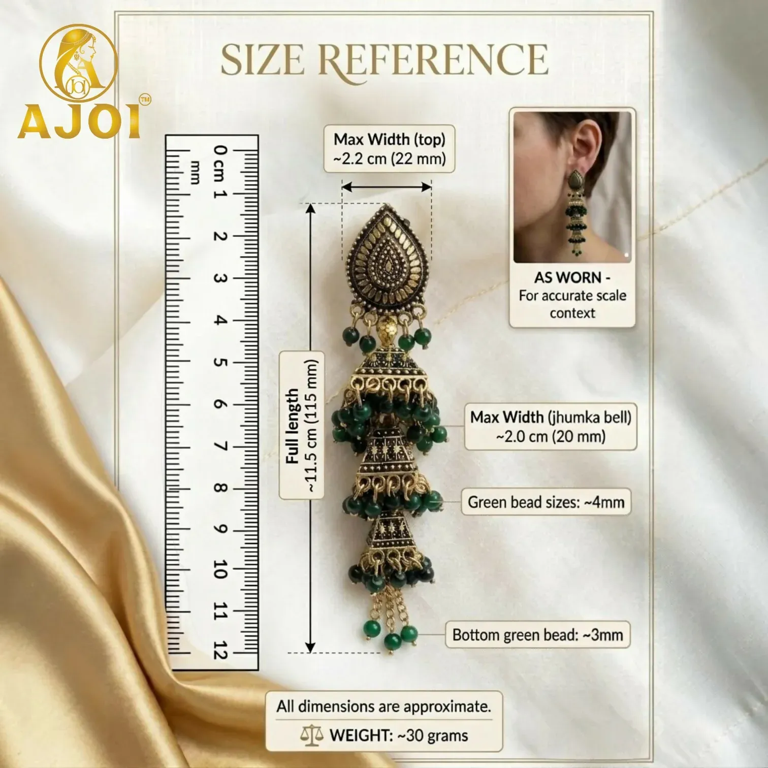 Antique Gold Oxidised Layered Triple Jhumka Earrings with Green Bead Tassel Drops - Detailed Feature View 4