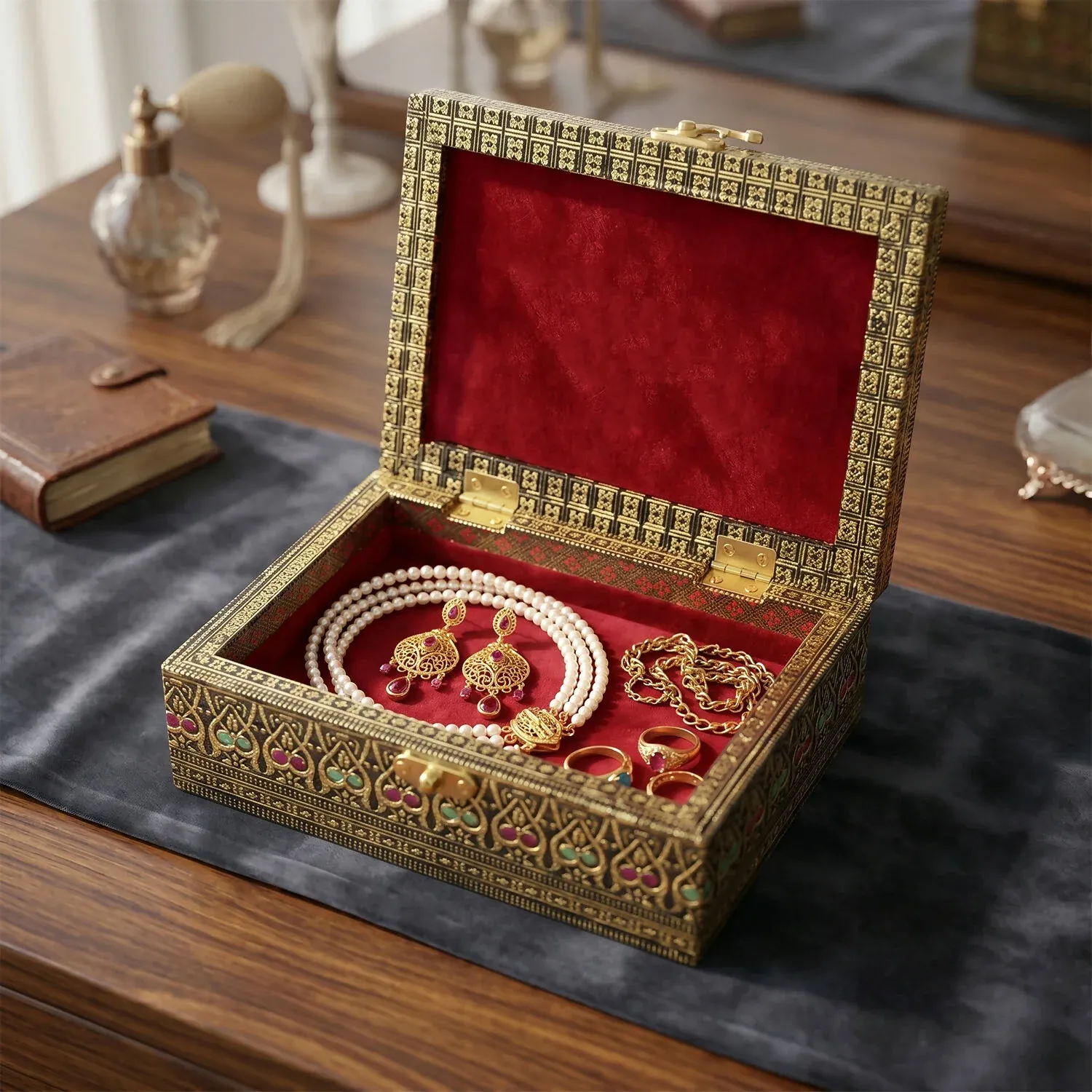Handcrafted German Oxidised Embossed Meena Peacock Design Wooden Box - Detailed Feature View 1