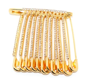 Gold Crystal Dangle Saree Pin Brooch with Rhinestone Cascade