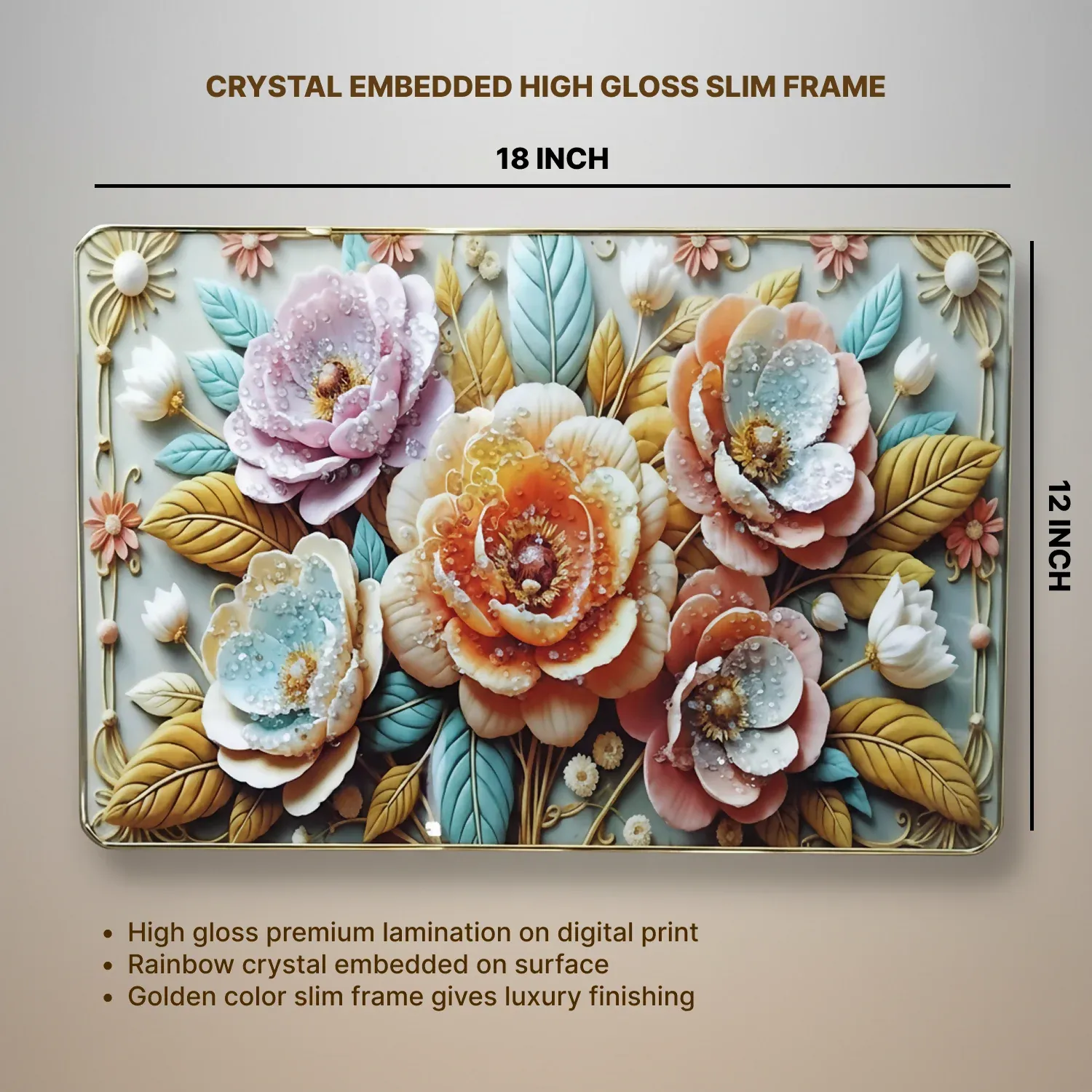 Premium 3D Floral Wall Art Panel – Luxury Golden Frame Home Decor - Detailed Feature View 6