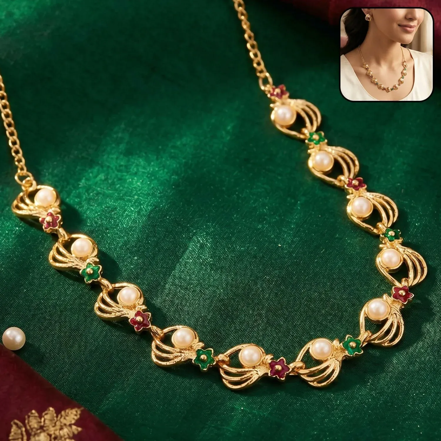 Premium Gold-Plated Pearl Floral Necklace and Earrings Jewellery Set - Buy Online at Alikart