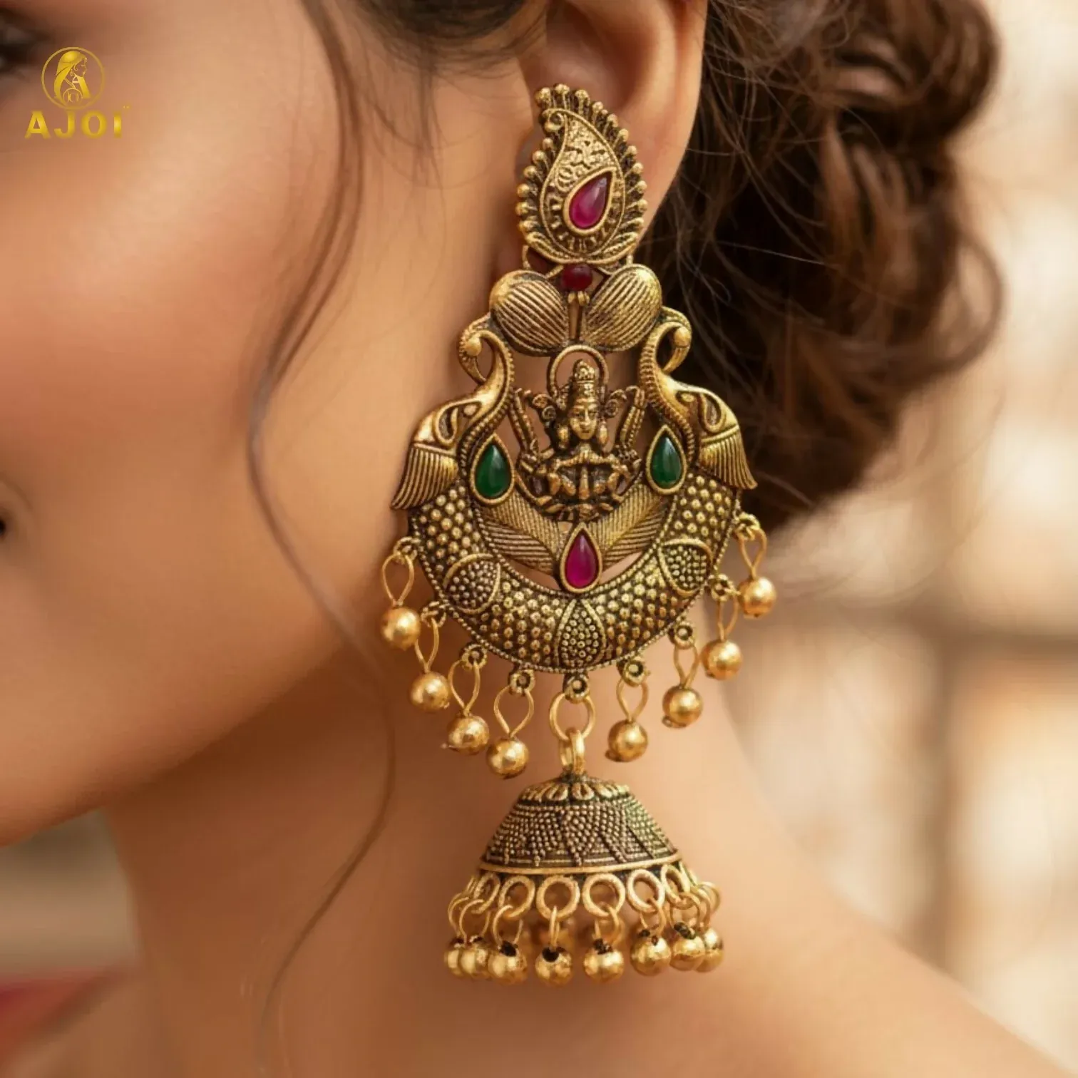 Antique Gold Plated Temple Jhumka Earrings with Lakshmi Motif - Detailed Feature View 5