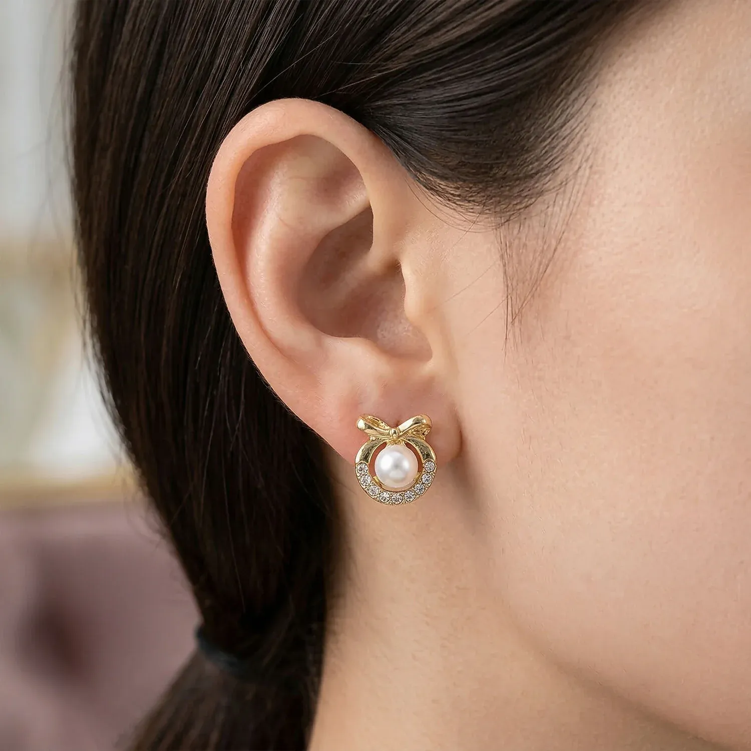 Korean Royal Bow-Knot Crystal Halo Pearl Studs For Girls And Women - Detailed Feature View 2