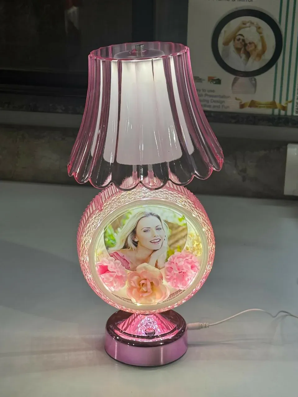 Round Photo Table Lamp with Decorative Shade for Bedroom & Gift - Detailed Feature View 3