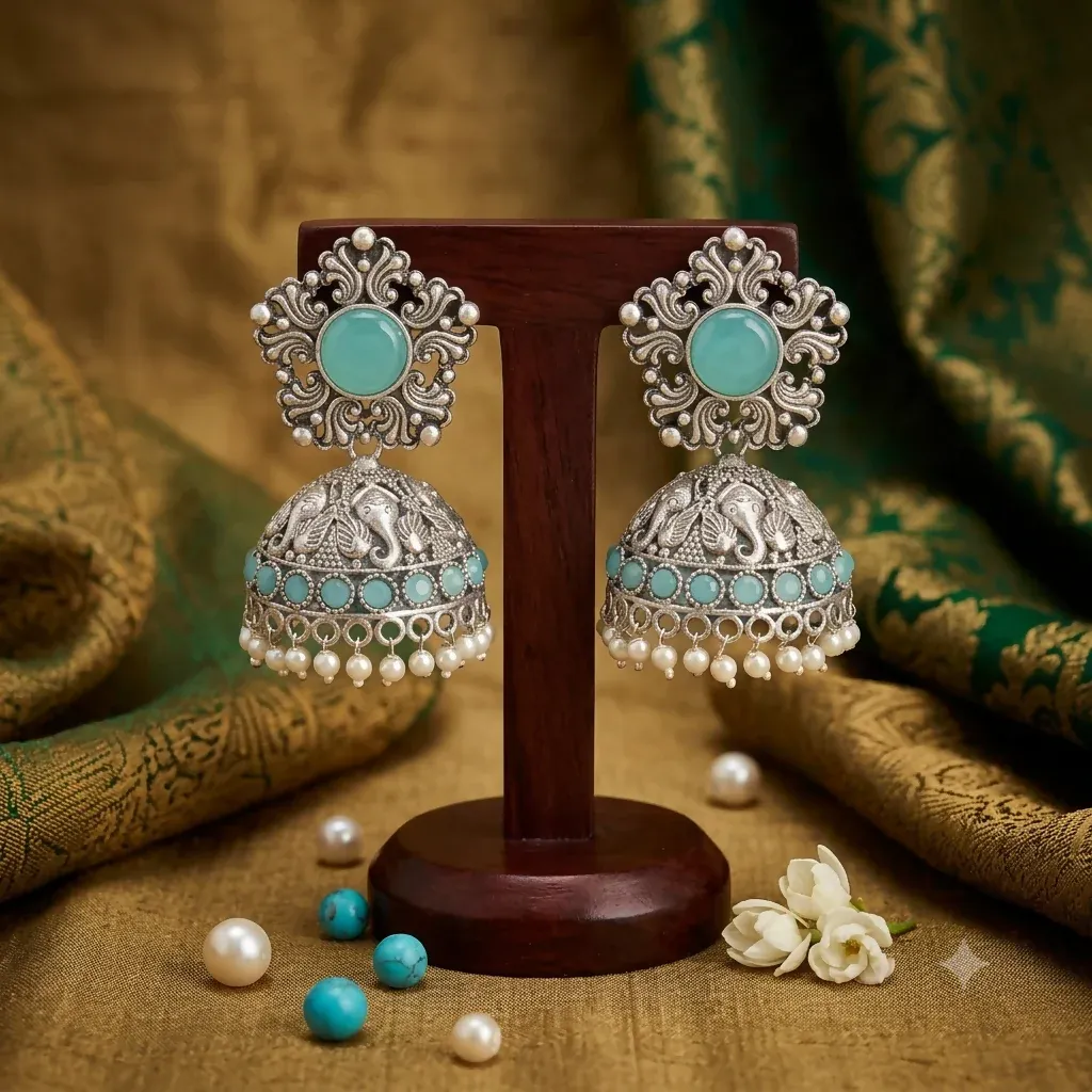 Silver Oxidized Light Blue Jhumka Earrings with Pearls - Detailed Feature View 2