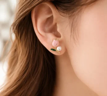 Pink Tulip Pearl Stud Earrings – Gold Plated Floral Jewelry for Women