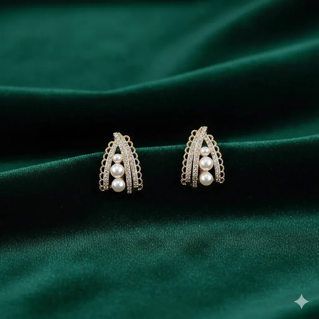 Royal Korean Crystal Arch & Triple Pearl Stud Earrings For Women And Girls - Detailed Feature View 5