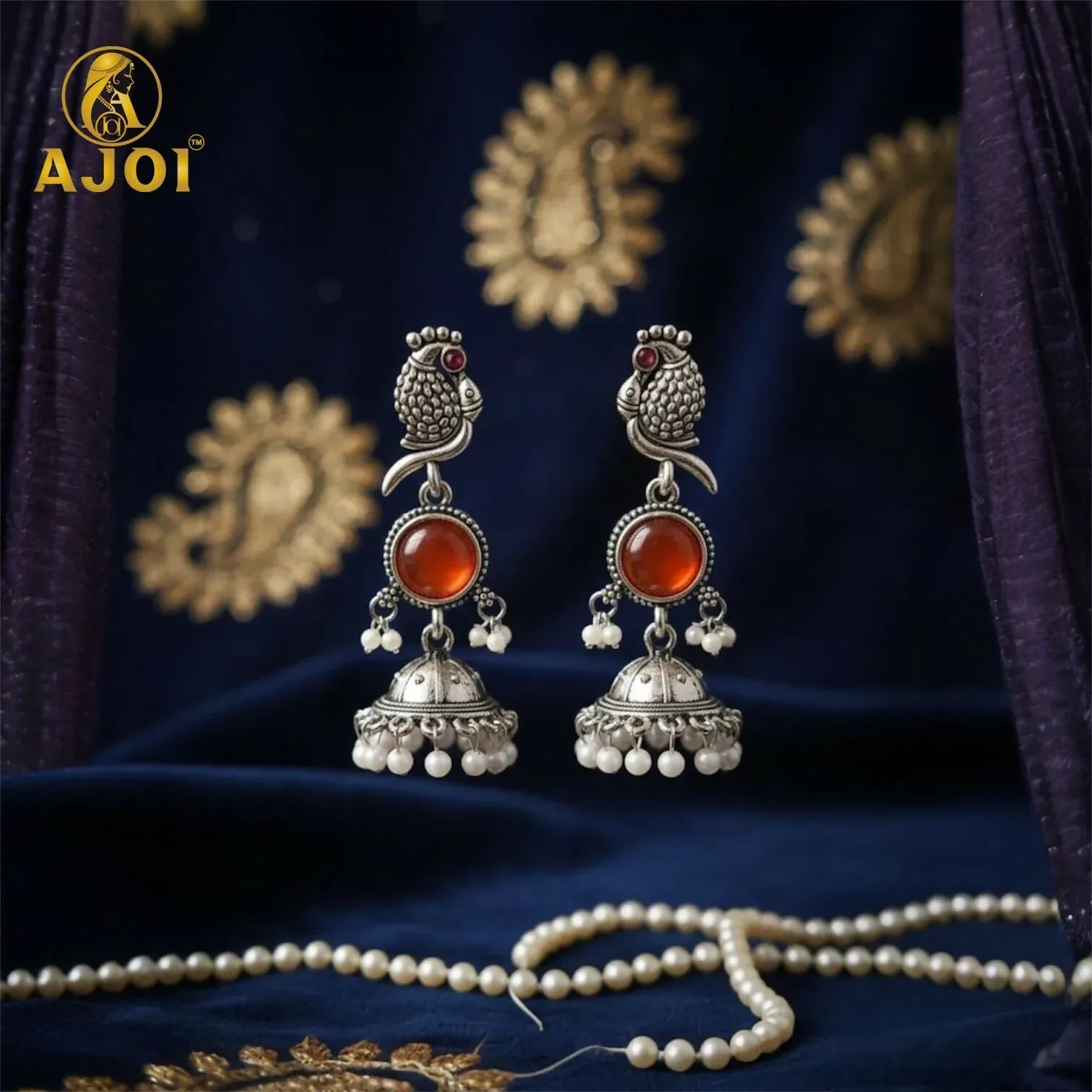 Premium Antique Silver Peacock Jhumka Earrings with Red Stone & Pearls - Buy Online at Alikart