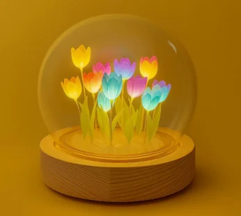 LED Multicolor Tulip Flower Dome Light with Glass Cover & Wood Base