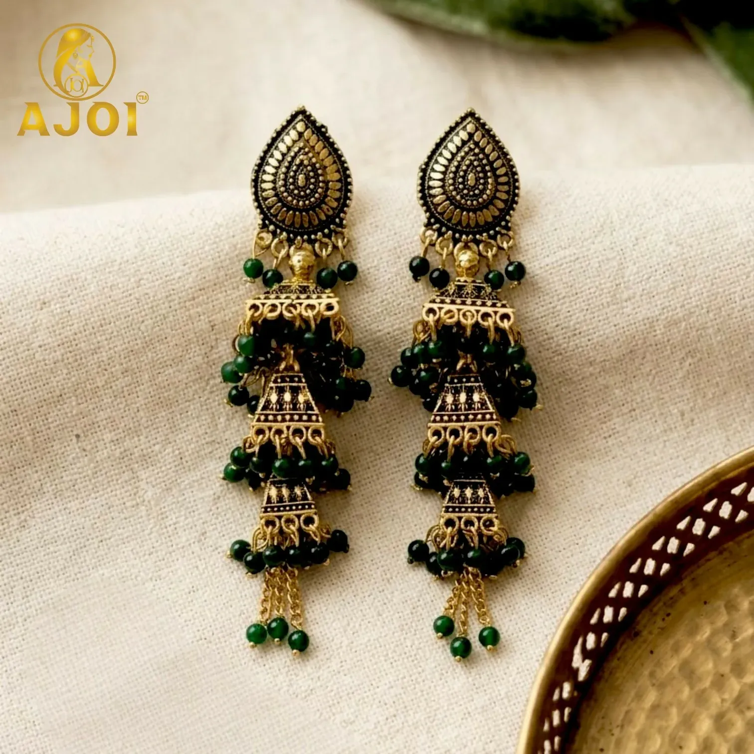 Antique Gold Oxidised Layered Triple Jhumka Earrings with Green Bead Tassel Drops - Detailed Feature View 3