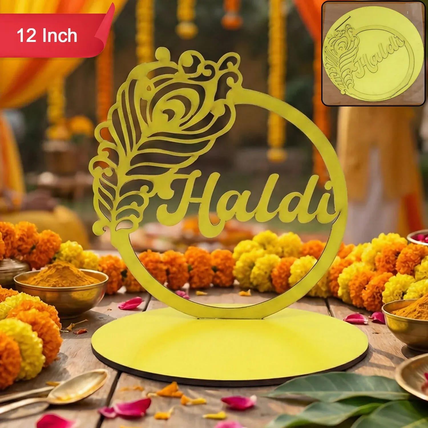 Premium Haldi Ceremony Tabletop Sign with Peacock Motif | Elegant Wedding Decor Accent - Buy Online at Alikart