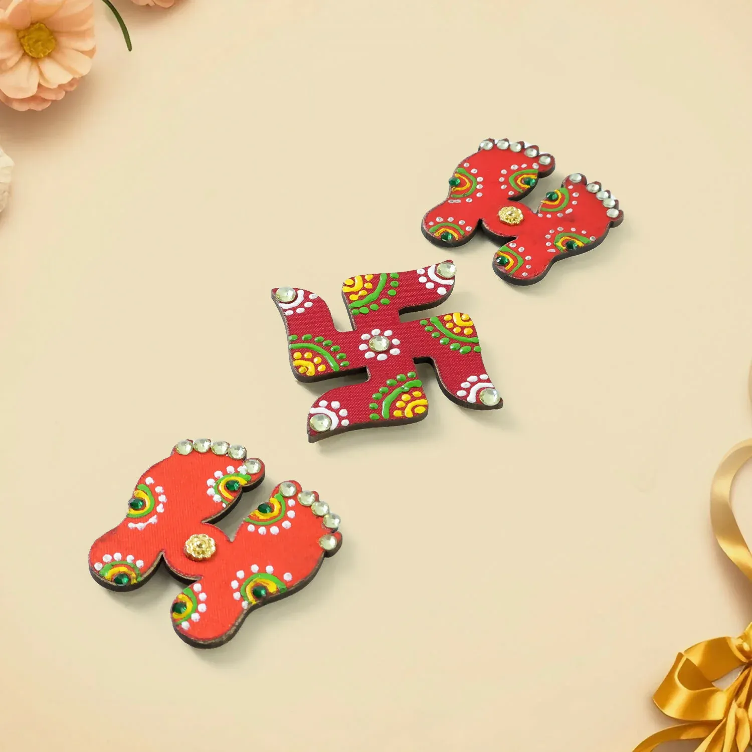 Hand Crafted Laxmi Charan & Swastik Set of 3 for Diwali Decor - Detailed Feature View 2