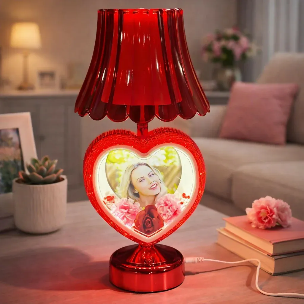 Premium Red Heart-Shaped Photo Table Lamp with Shade for Bedroom & Gift - Buy Online at Alikart