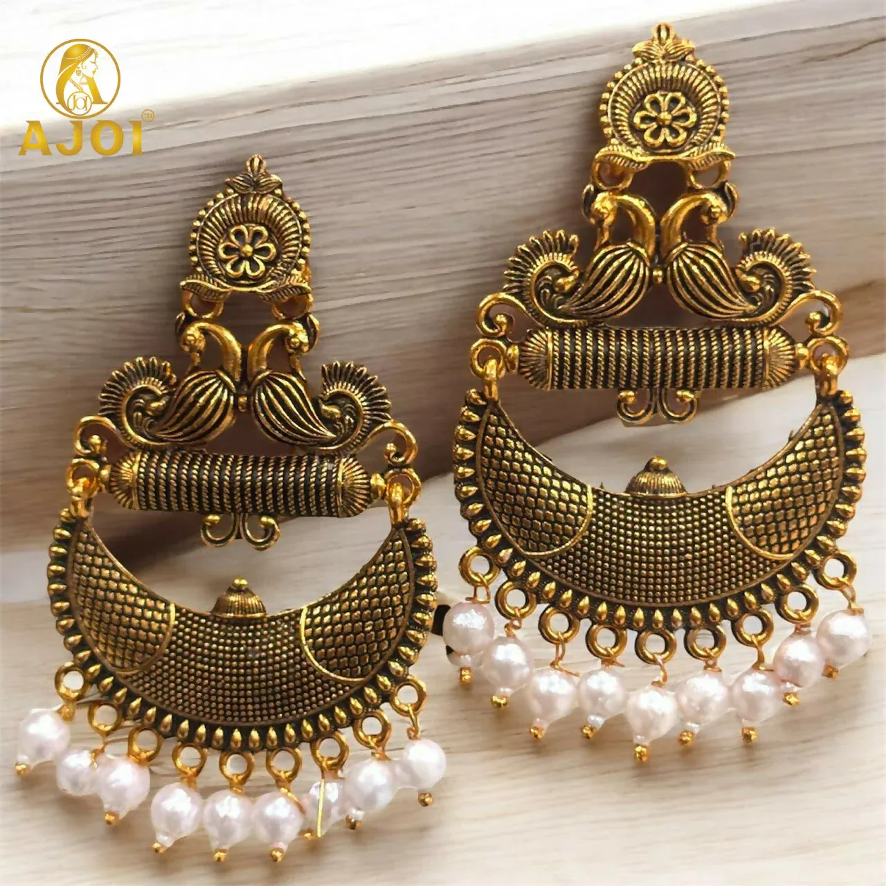 Antique Gold Tribal Chandbali Earrings with Pearl Drops & Peacock Motif - Detailed Feature View 2